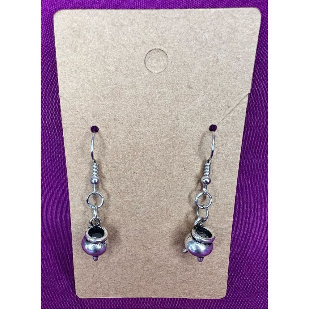 Handmade Dangly Silver Witch Cauldron Earrings